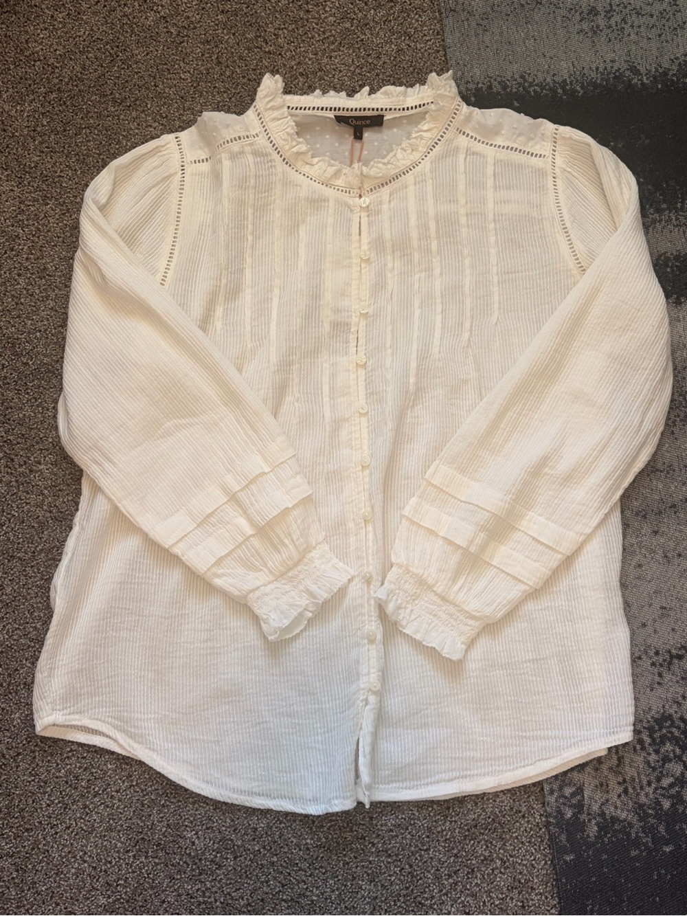 Quince Cream Ruffle-Trim Button Down Blouse
